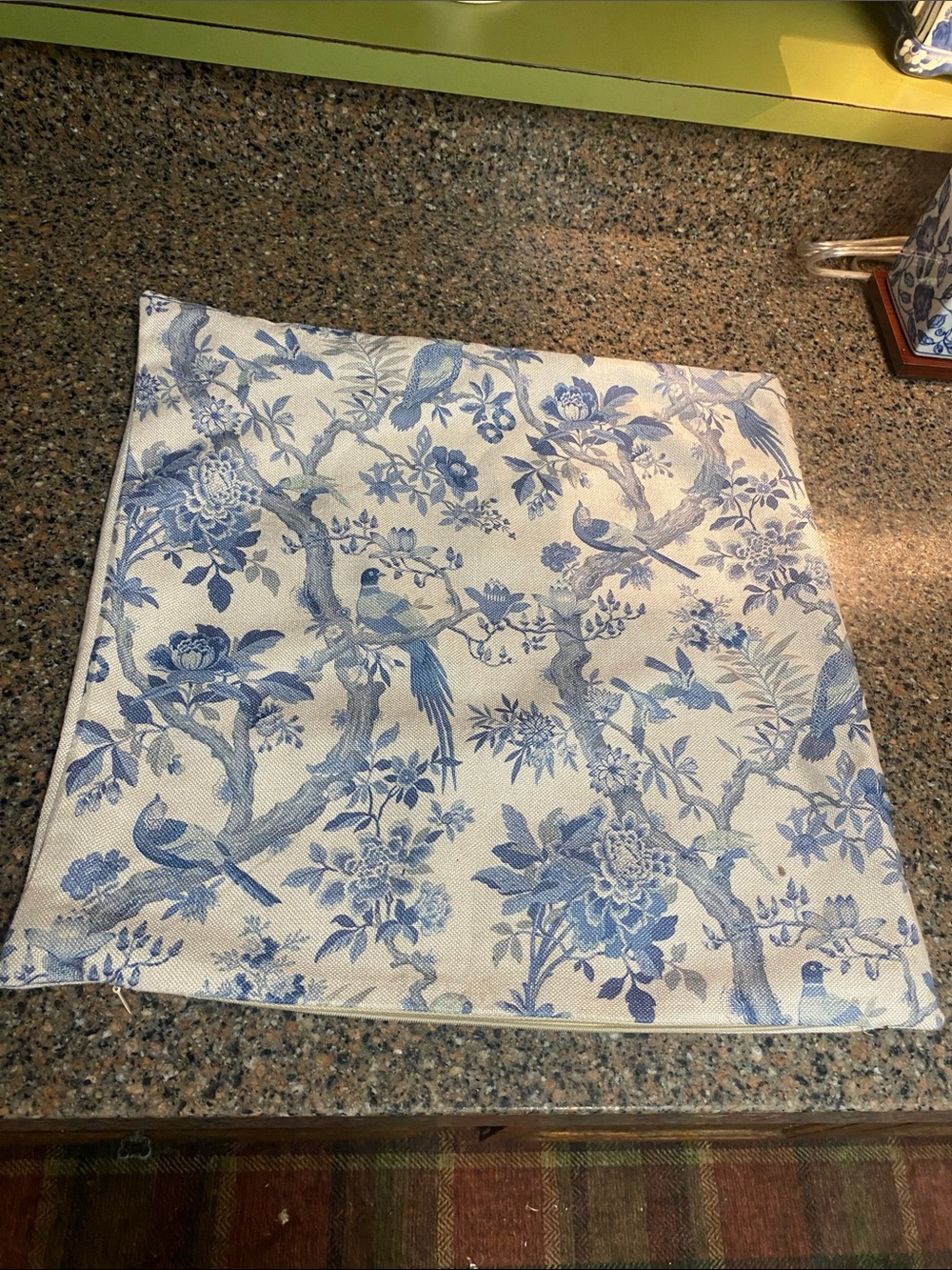 17” x 17” Blue Toile Floral Bird Print Pillow Cover with Zipper Closure